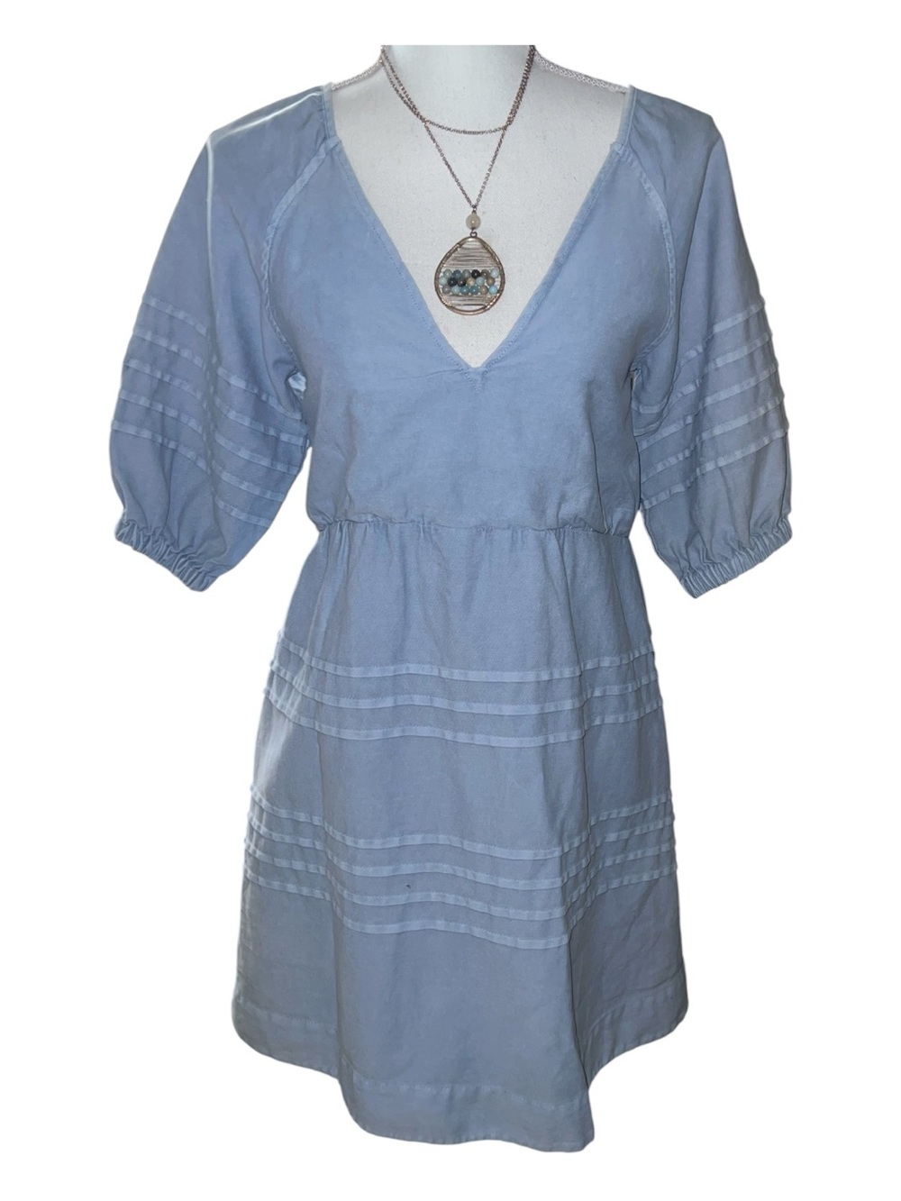 7 For All Mankind light blue babydoll minidress puff sleeves & tie-back detail.